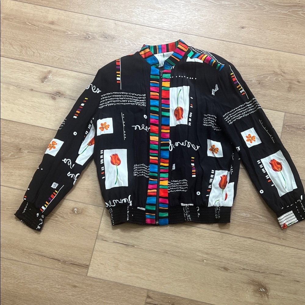 Vintage Jordana Rayon Jacket Floral Abstract 80s Shoulder Pads Vtg Zip Up